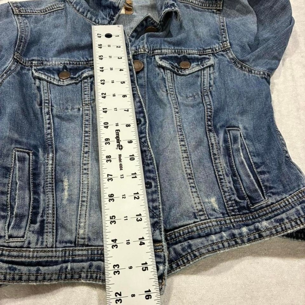 American eagle women Size M blue denim distressed jacket #.